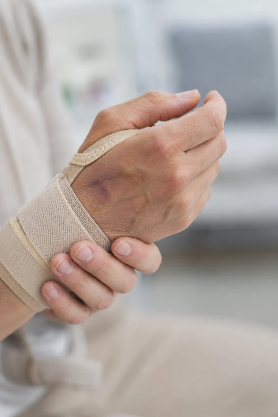 Bruised hand and wrist supported by a brace