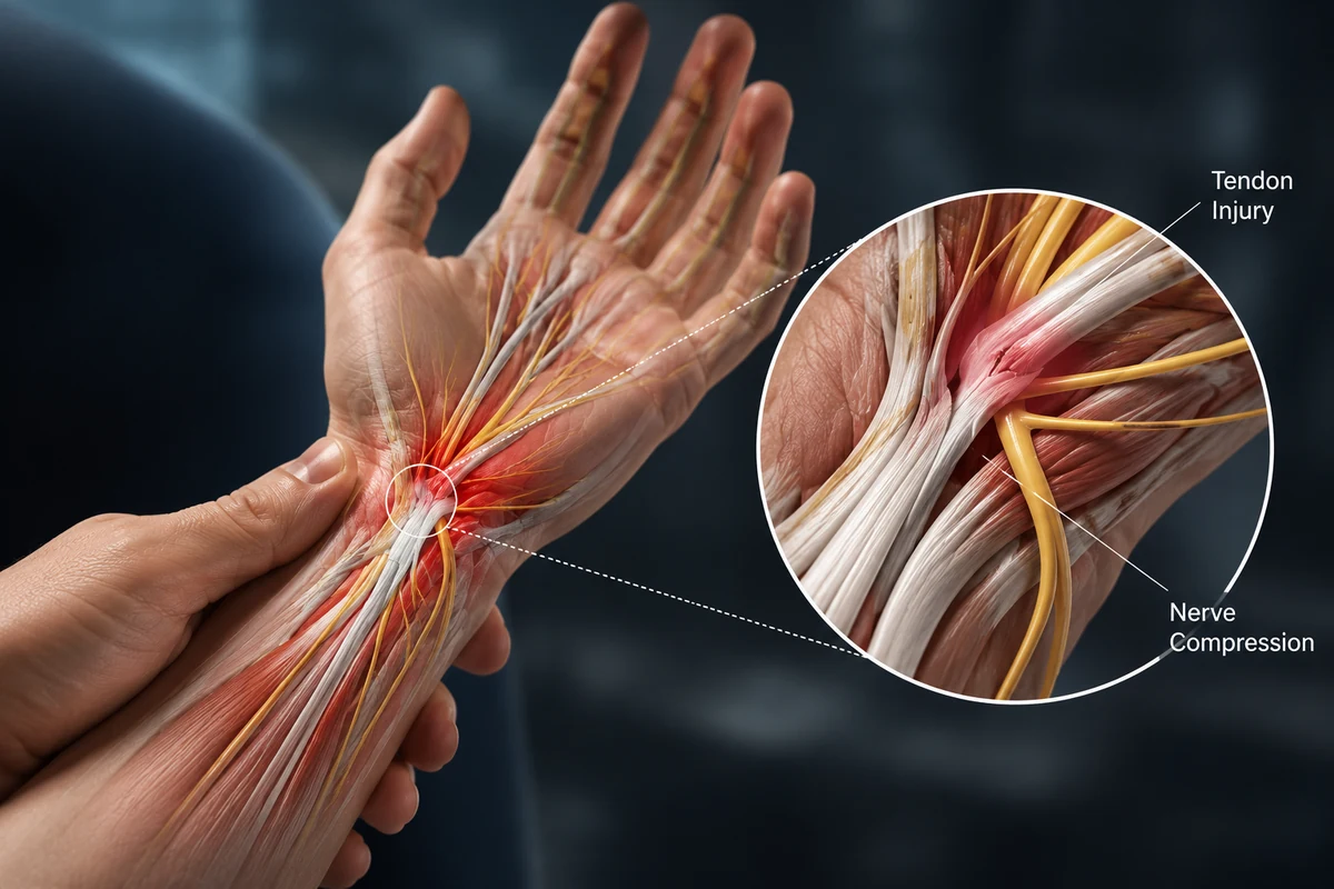 Hand anatomy showing tendon and nerve injury